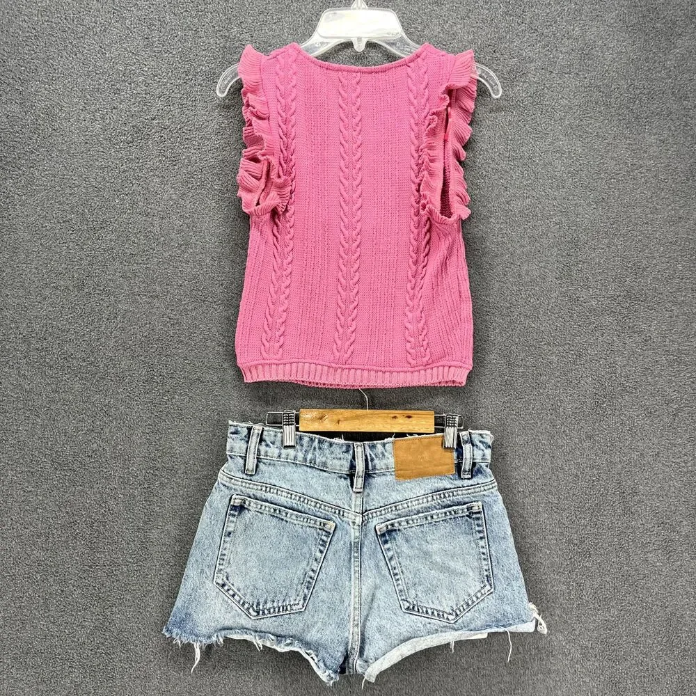 ZARA‎ Outfit Top Small Shorts 2 Jeans womens Pink Blue knit sleeveless raw denim